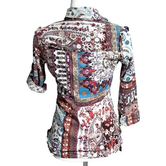 Crown of Hearts Shirt Womens Size S Top Boho Patchwork  Button Down Collared Adj - Picture 11 of 16